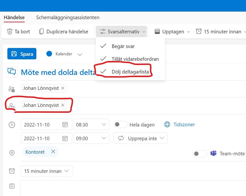 Hur man döljer deltagarlistan i outlook